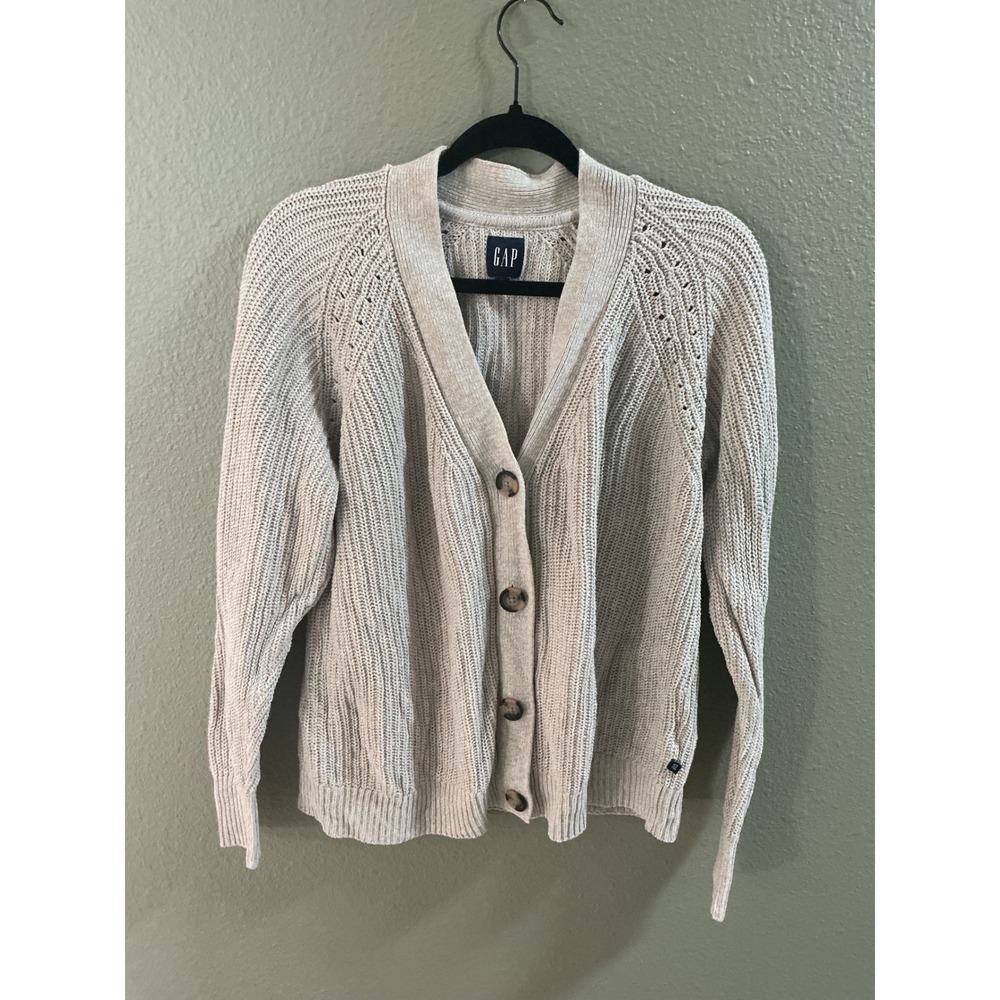 Gap Cardigan Sweater Womens L Beige Excellent Shaker Stitch Cotton V-Neck